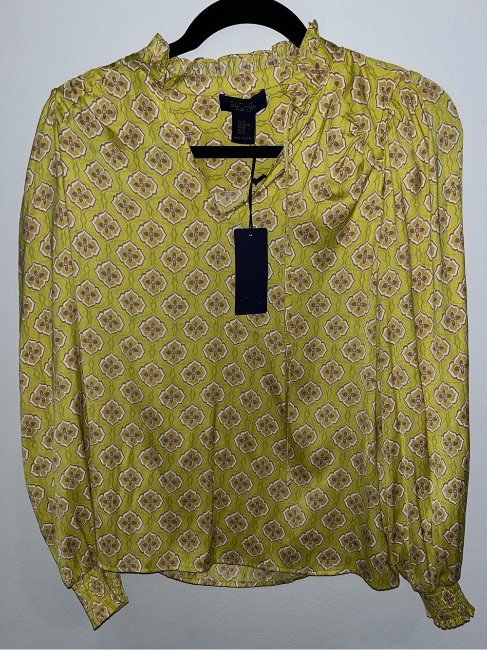 RACHEL Rachel Roy Yellow Printed Ruffled-Neck Blouse
